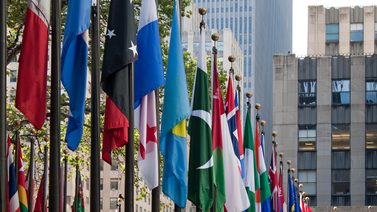 大街上一排排的国际旗帜悬挂着